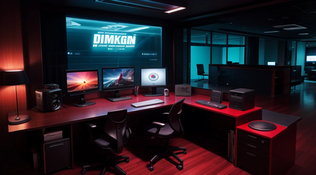 Computer desk, Microphone, Computer, Smooth floor sculpture Floor-to-ceiling windows Light bed Camera chair Game interface Crimson Dark environment Ambilight