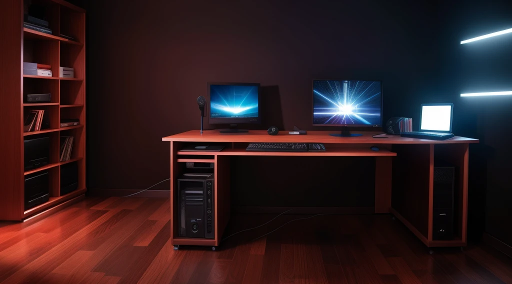 Computer desk, Microphone, Computer, Smooth floor sculpture Floor-to-ceiling windows Light bed Camera chair Game interface Crimson Dark environment Ambilight