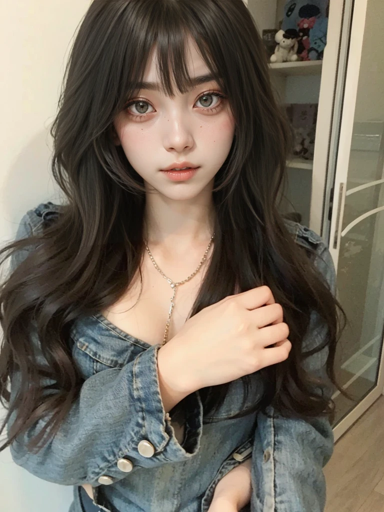 um close de uma mulher com cabelos longos vestindo uma jaqueta jeans, Ulzzang, long hair Com franja, coreana, cabelo longo com franja completa, young pale and beautiful asian face, garota cara fofa, Lalisa Manobal, Asian with long hair, she has black hair Com franja, long dark hair Com franja, Com franja