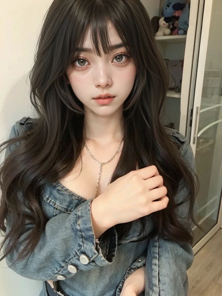 um close de uma mulher com cabelos longos vestindo uma jaqueta jeans, Ulzzang, long hair Com franja,  coreana, cabelo longo com franja completa, young pale and beautiful asian face, garota cara fofa, Lalisa Manobal,  Asian with long hair, she has black hair Com franja, long dark hair Com franja, Com franja