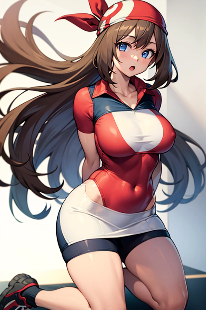 ((masterpiece, best quality)), absurdres,   zzMay, perfect, solo, kneeling, on knees, brown hair, blue eyes,  red shirt, short sleeves, white skirt, 1girl, :o, bandana, bike shorts, blue eyes, brown hair, looking at viewer, large breasts, wide hips, simple background, skin tight, solo, standing, thick thighs, thighs, white background, smile,    