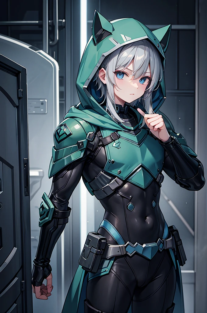 Draw a blue-eyed, gray-haired male engineer wearing a green hood.