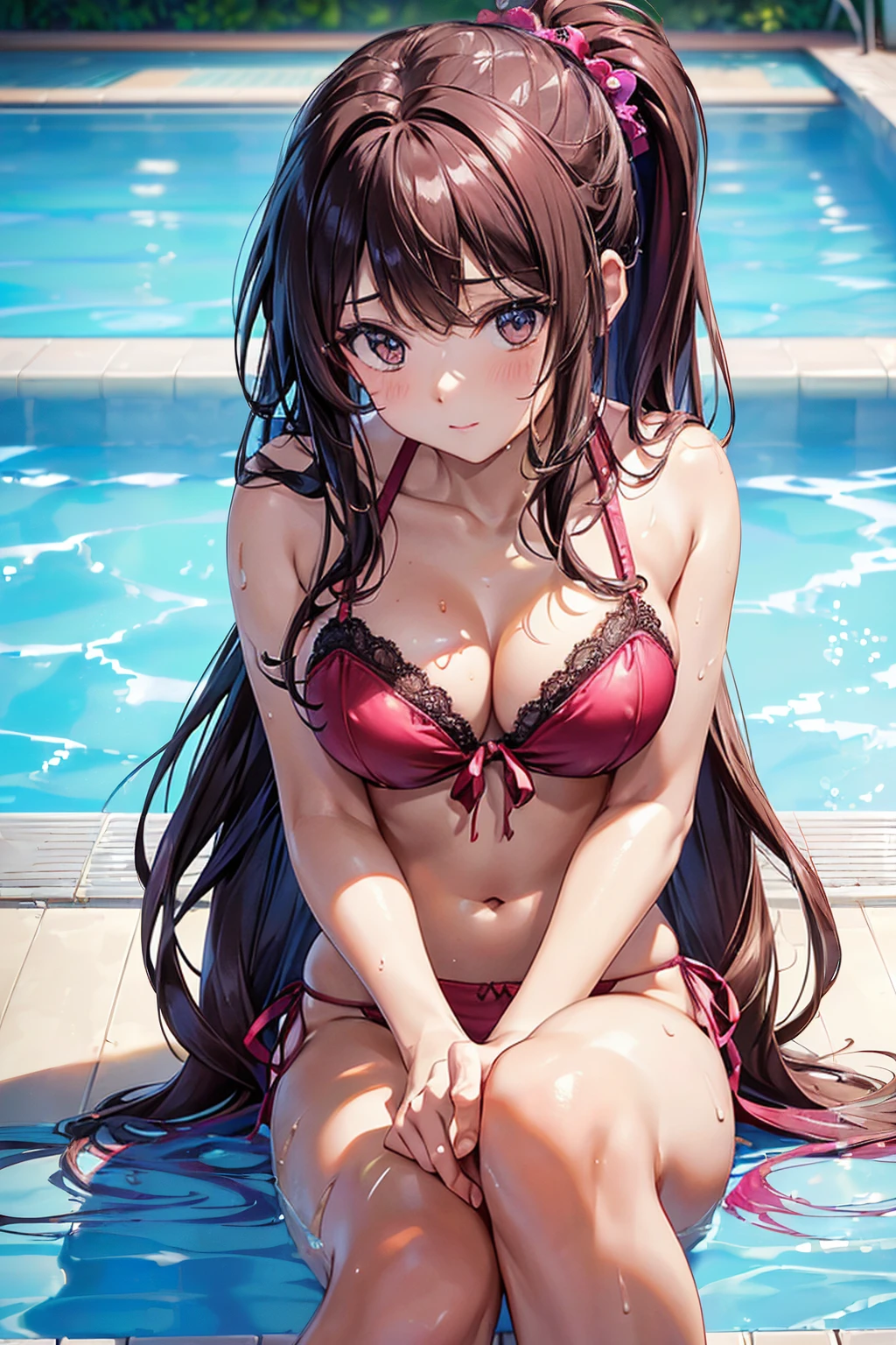 (((masterpiece, Highest quality, High resolution, 超High resolution, Perfect Pixel, Depth of written boundary, 4K, RTTX 10.0))), Beautiful Anime Women, Beautiful art style, Anime characters, ((Smooth texture, Realistic texture, Anime CG Style)), Exact finger count、Exact number of legs、(Exact number of arms:1.0, Exact number of hands:1.0), (Perfect hands, Perfect Anatomy.1.5), Cinematic, Realistic, Extremely detailed CG, Daytime lighting, Perfect lighting, Best Shadow, The best natural light, Perfectly balanced style, Perfect body, (Long Hair, Brown Hair, ponytail), ((1人の女性が尻を突き出してGet out of the pool後ろ姿:1.5), (Sexy and cute magenta underwear, Shiny satin side-tie full-back panties, Panties with lace trim around the edges, micro lace bra, Lace-trimmed bra:1.3), (From directly below), (Get out of the pool, Poolside, Inviting ass:1.3)