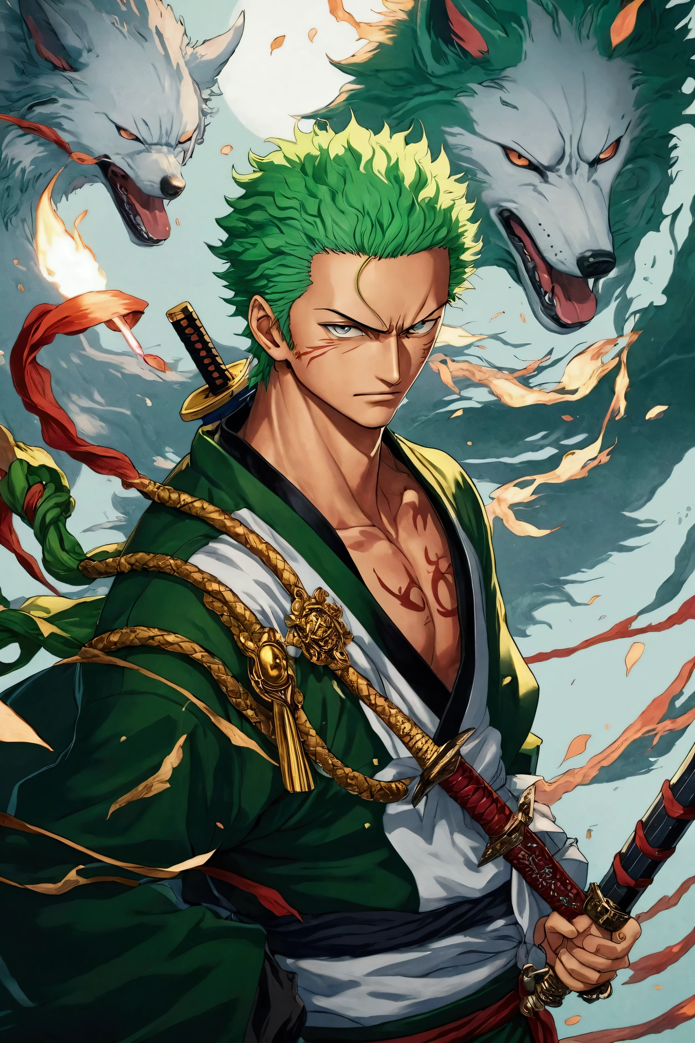 Close up portrait of a green-haired person holding a sword, Roronoa Zoro, 4 k manga wallpaper, badass anime 8 K, from one piece, handsome guy in demon slayer art, one piece artstyle, anime cover, anime wallaper, anime wallpaper 4 k, anime wallpaper 4k, highly detailed exquisite fanart, Detailed key anime art,The background is a flaming wolf、anime styled