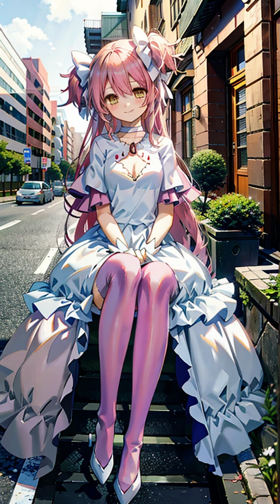 Pink hair，madoka，street，Smile，Foot washing