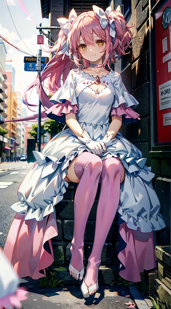 Pink hair，madoka，street，Smile，Foot washing