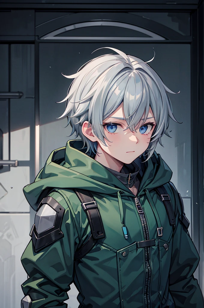 Draw a blue-eyed, gray-haired male engineer wearing a green hood.