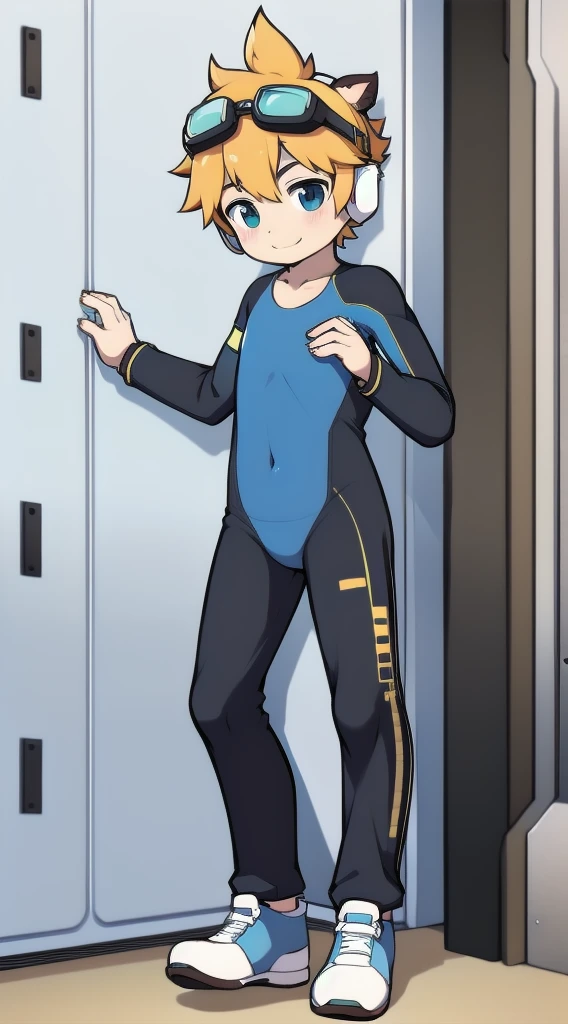 Two-dimensional boy,One-piece mountaineering suit,trumpet,Cow ears,Put the headphones on your head,stand up,goggles,sports shoes,Slim,Smile