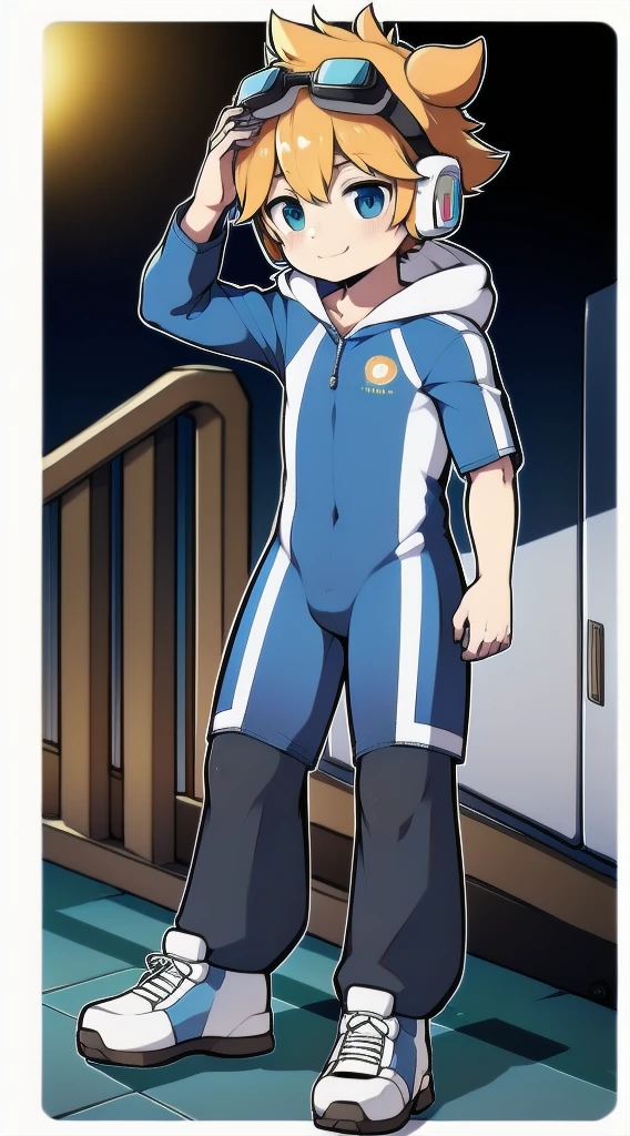 Two-dimensional boy，One-piece mountaineering suit，trumpet，Cow ears，Put the headphones on your head，stand up，goggles，sports shoes，Slim，Smile