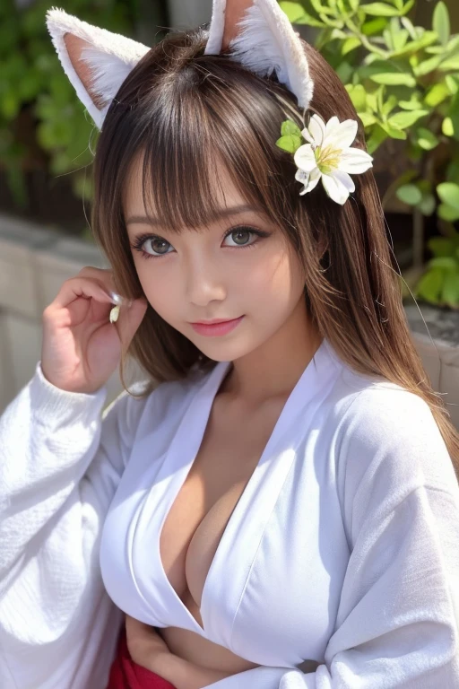((Tanned gal))、((Tanned gal))、((Only one worn))、((Small breasts))、((Only one worn))、((Small breasts))、((Highest quality、8K、masterpiece))、Sharp focus:1.2、(Fox Ears))、Cute 10 year old girl with perfect body shape:1.4、((Dark brown hair))、(whiteいボタン留め)shirt、jeans:1.1)、street:1.2、Highly detailed face and skin texture、fine grain、double eyelid、shoulder、Close-up of a woman in a kimono posing for a photo、Japanの女神、Japan人モデル、white、((Small breasts))、((Small breasts))、((Small breasts))、((Sexy Kimono Suit))、((Colorful kimonos))、Japan、Drawing attractive anime girls。Cleavage
