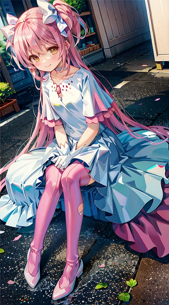 Pink hair，madoka，street，Smile，Foot washing