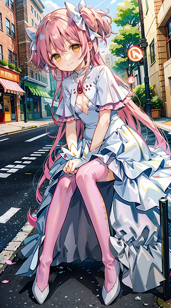 Pink hair，madoka，street，Smile，Foot washing