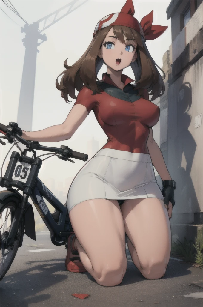 ((masterpiece, best quality)), absurdres, zzMay, perfect, solo, kneeling, on knees, brown hair, blue eyes, red shirt, short sleeves, white skirt, 1girl, :o, bandana, bike shorts, blue eyes, brown hair, looking at viewer, large breasts, wide hips, simple background, skin tight, solo, standing, thick thighs, thighs, white background, smile,