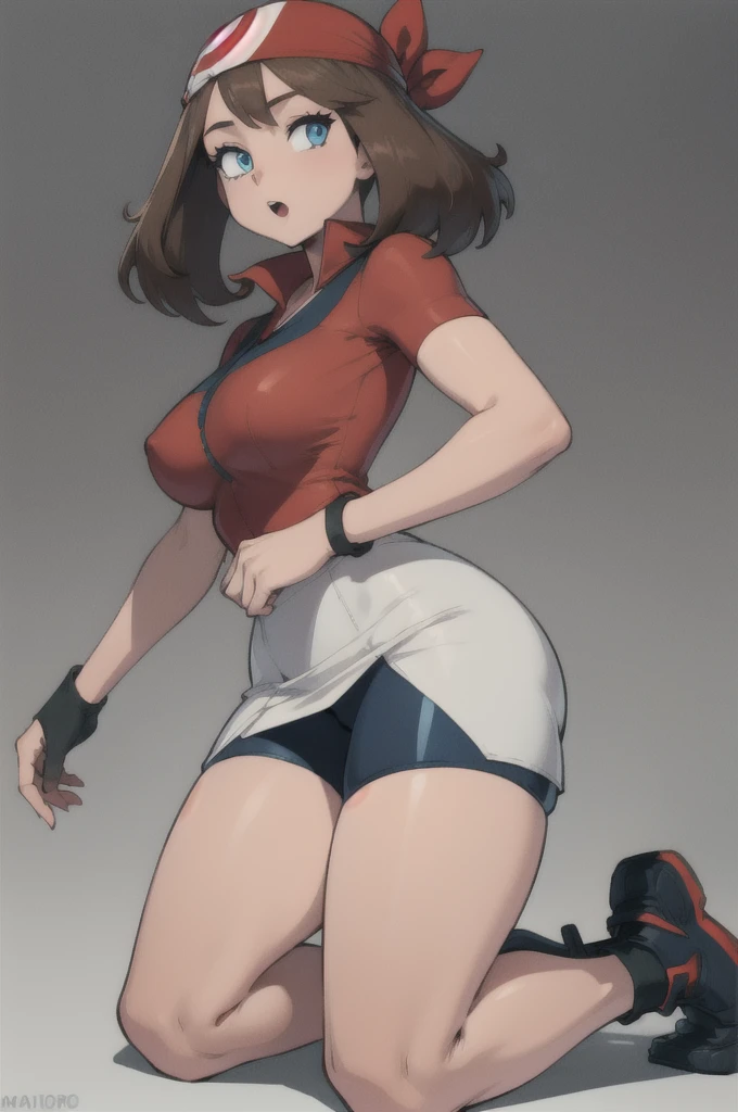 ((masterpiece, best quality)), absurdres, zzMay, perfect, solo, kneeling, on knees, brown hair, blue eyes, red shirt, short sleeves, white skirt, 1girl, :o, bandana, bike shorts, blue eyes, brown hair, looking at viewer, large breasts, wide hips, simple background, skin tight, solo, standing, thick thighs, thighs, white background, smile,