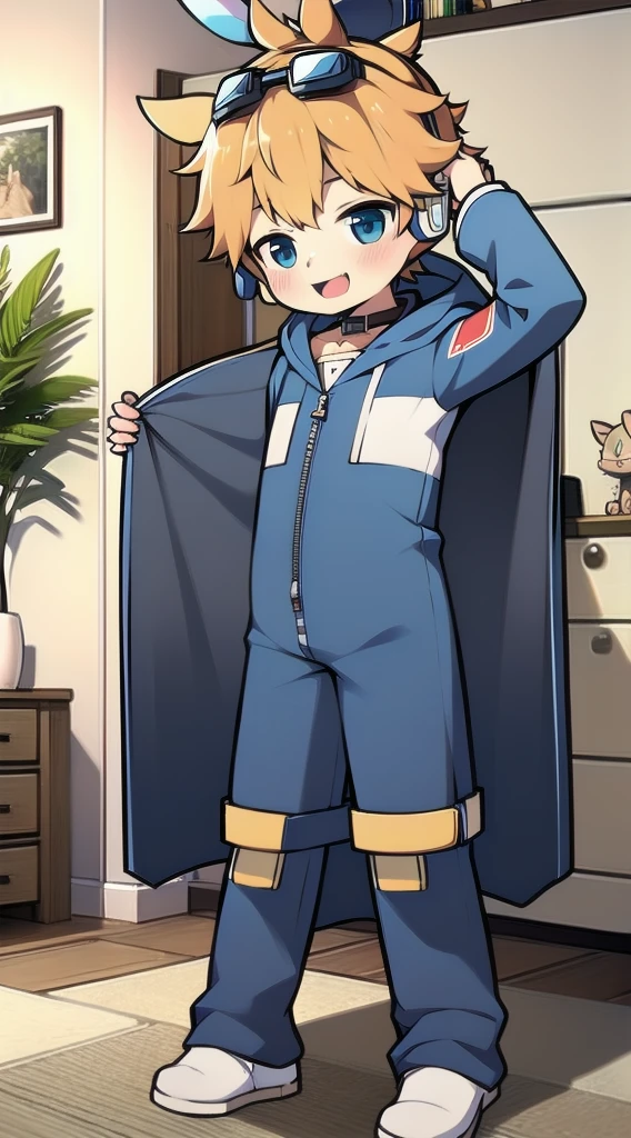 2D Shonen Shota,One-piece racing suit,Slim, healthy body,Put the headphones on your head,stand up,goggles,Rabbit ears,Happy,Sailor collar,tie,zipper,hood,Trench coat,living room