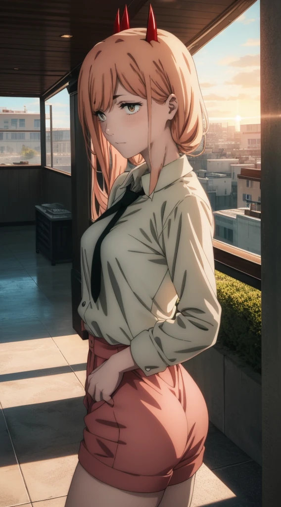 laughing, rebel, erotica, half naked, Beautiful breasts, waist, buttocks, sexy body, sexy clothes, high resolution, 1 girl, Alone,beautiful, sonlaughing, rubio, rosa_Hair, dangerous,vivid eyes,yellow eyes, Odin, Ceiling, fascinating eyes,safe,superior, Mischievous, LAUGHTER BREAK (force \(chainsaw man\),), Backlight, bright Eyes, an artistic, wallpapers, black tie, (sensual),happy, Intimate REST, digital art, High details, contemporary, intricate, (a perfect face), traced lights, ROMPER superior,cinematographic, absurd, White shirt, City, red horns, Power from a chainsaw, red horns on the head., anime girl with a smile., detailed digital anime art, Anime genial 8K, clean and detailed anime art., Gouveyz en Pixiv ArtStation, wallpapers manga 4K, guweiz and artstation pixiv, detailed portrait of anime girl, 4K animated style, wallpapers de arte anime 4K, Masterpiece anime art wallpaper 4K, gorgeous, Best Quality,