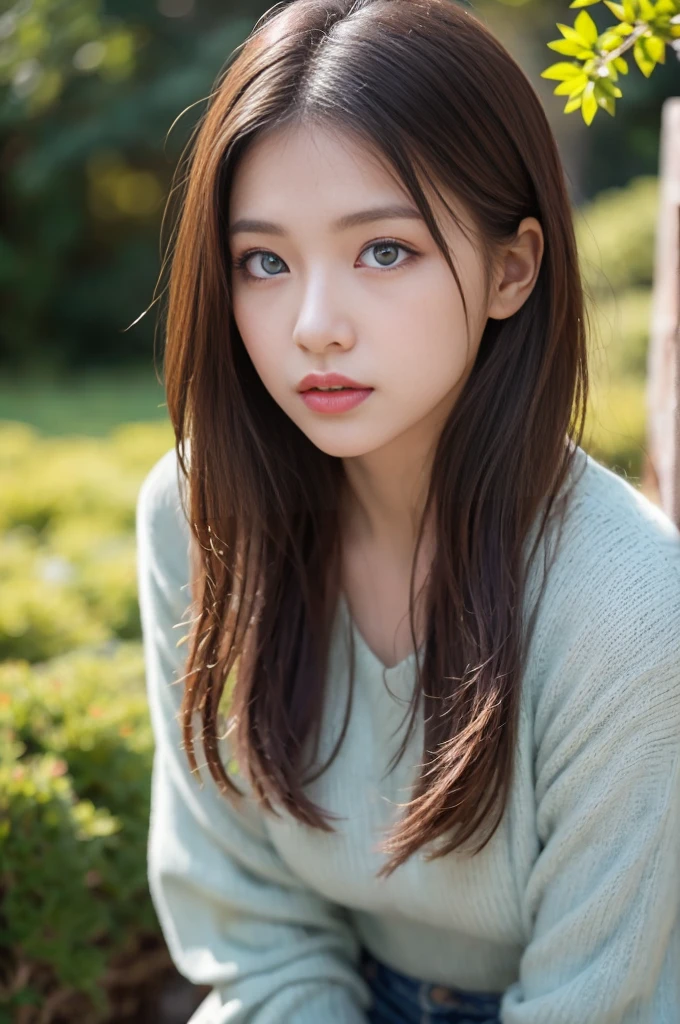 ulzzang-6500-v1.1,(RAW Photos:1.2), (Photorealistic), (Genuine:1.4), ((masterpiece)),(Very realistic, High resolution, Detailed face, Beautiful Eyes), ((Glowing silver hair))、((blue eyes))、Pure beautiful girl、Crouch down、Shot from the side、