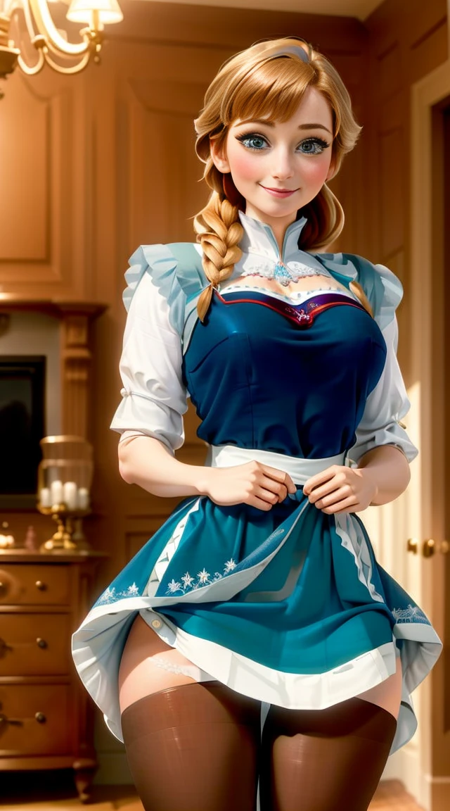 woman, ((Masterpiece, best quality)), full body view, bursting huge breasts, detailed skin, Anna from Frozen as a maid, maid clothes, pantyhose crotch, clileaning the living room, highly detailed, cinematic lighting, ultra realistic, blush, looking at viewer, anna, anna from movie Frozen, sexy blue dress, tight, long hair,