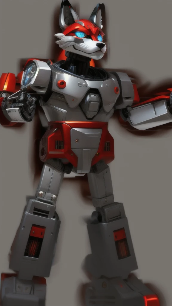 "A Disney-Pixar inspired giant robot with a retro, chrome finish, red accents, and design elements reminiscent of a fox deity. The robot has a gentle and kind face, while its body is strong and powerful. The scene captures the entire body of the robot, highlighting its metallic texture and fox-like features."