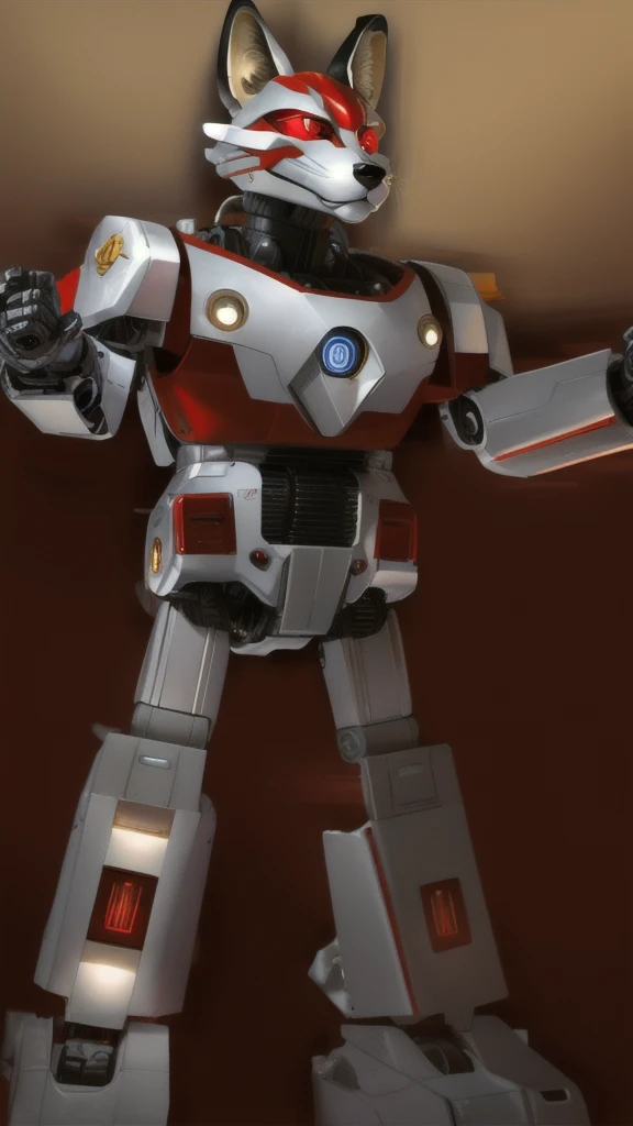 "A Disney-Pixar inspired giant robot with a retro, chrome finish, red accents, and design elements reminiscent of a fox deity. The robot has a gentle and kind face, while its body is strong and powerful. The scene captures the entire body of the robot, highlighting its metallic texture and fox-like features."