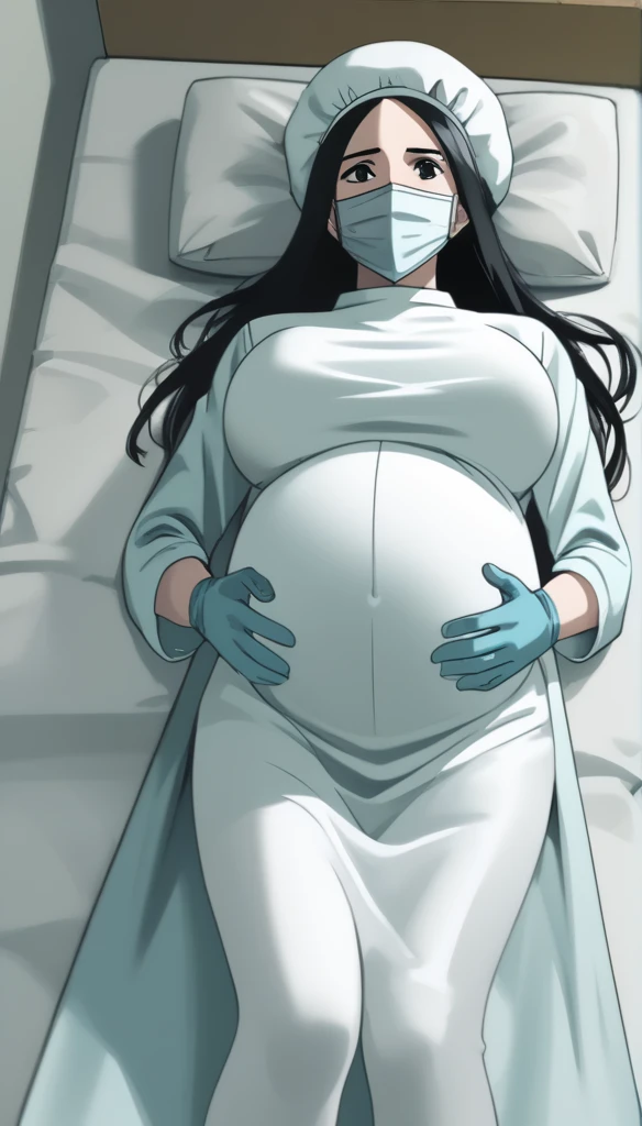 score_9,  score_8_up, score_7_up, view from top down, source_anime, raw image, masterpiece, highest quality, kasuganoray, pale skin, shy eyes, long black hair, big breasts, scrubs, surgical mask, bouffant cap, long sleeve maternity dress, seamless, navel head, long white stockings,
1girl, pregnant, solo, long rubber gloves, furrowed brow, hospital bed, light shines from the ceiling, patient room background, lying on a sick bed,