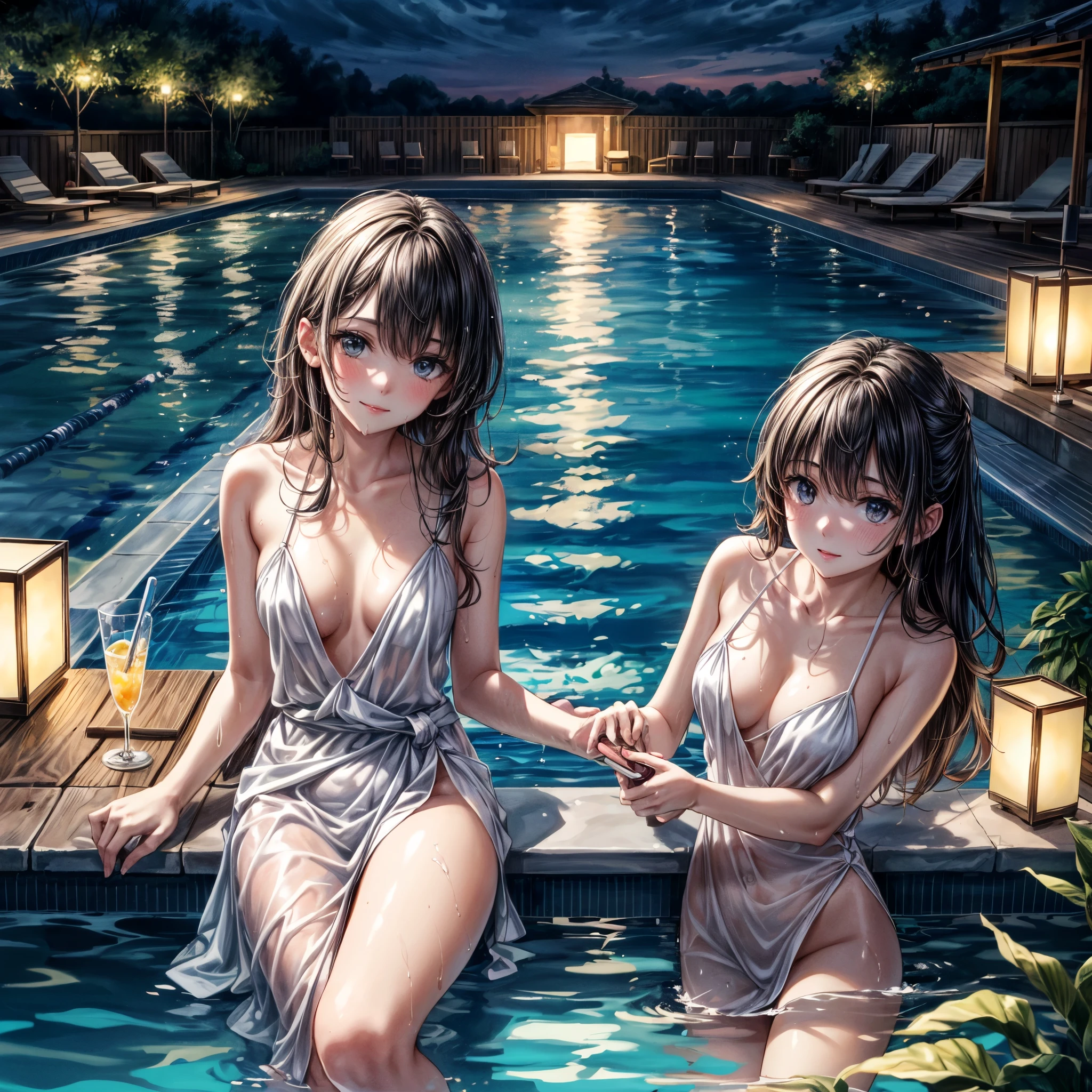 modern style,Realistic,Real,Photorealistic,Actual photo,colorful,
It depicts a scene of several women and staff enjoying a party by the poolside,
((night,Lunch on the table in the back)),
((Illuminated pool,LED-lit pool water)),
Dolphin floats and beach balls floating in a small pool,
Good friends,Pleasant memories,Time together,
Depth of written boundary,Splash,mischief,Folded bath towel,
Detailed Description,View here,smile,Commemorative photo,
Perfect face and body,Detailed face,Perfect Anatomy,
masterpiece,Highest quality,16K,High resolution,Raw photo,Professional,
Award-winning,Browsing Caution,Art Station,
Cinematic lighting,Natural lighting,Soft lighting,
Warm tones,Cozy atmosphere,A gentle and sweet space,
Captivating,Keep an eye out,
Medium Shot,
Physically Based Rendering,
Thin outline BREAK Spotlight on him,Beautiful Face,Well-formed face,
Wet and fresh skin,Water pops,