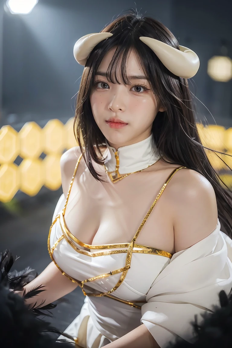 Masterpiece, Best quality, Ultra-detailed, illustration, epic lighting, Cinematic composition, isometry,(hexagons:1.2), 1girl, Horns, Solo, Yellow eyes, Black hair, Long hair, (Low wing:1.2), Large cleavage, Bare shoulders, hair between eye, Medium breasts, (White dress:1.1), Golden decoration, Detached collar, view the viewer, (view the viewer:1.1), parted lip, Blush, Black feathers fall, Arena, particle fx, (8K:1.1)