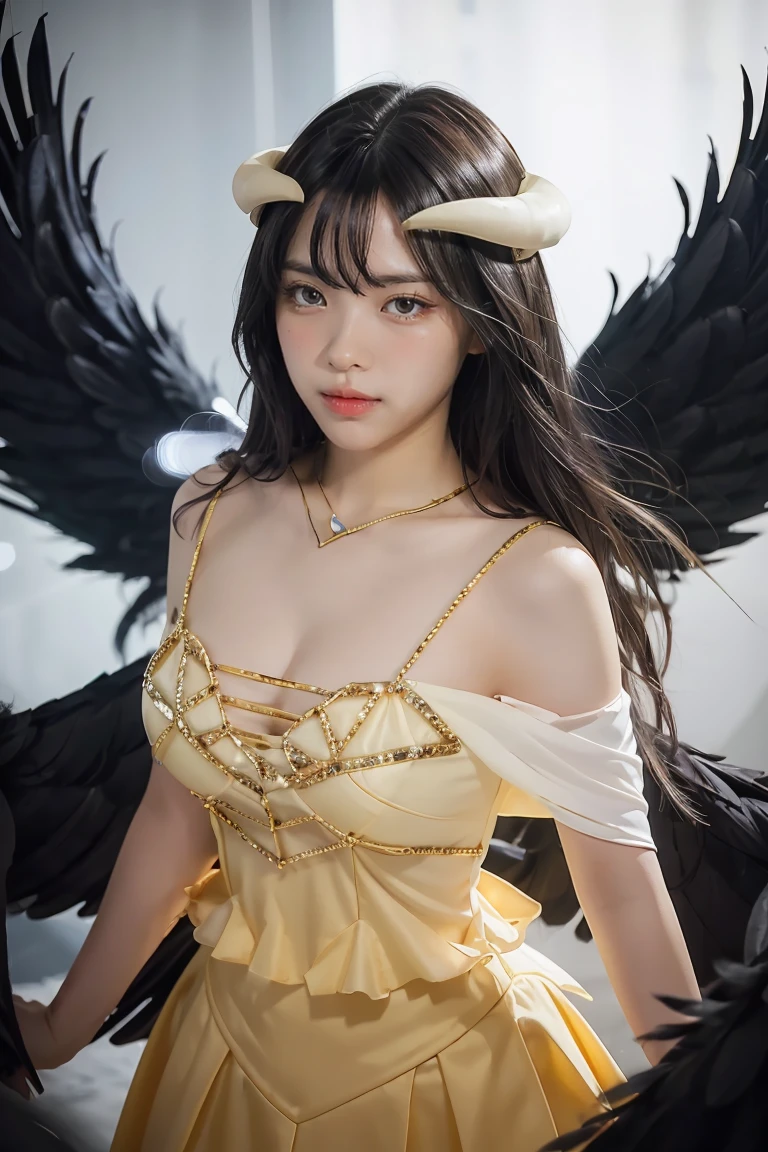 Masterpiece, Best quality, Ultra-detailed, illustration, epic lighting, Cinematic composition, isometry,(hexagons:1.2), 1girl, Horns, Solo, Yellow eyes, Black hair, Long hair, (Low wing:1.2), Large cleavage, Bare shoulders, hair between eye, Medium breasts, (White dress:1.1), Golden decoration, Detached collar, view the viewer, (view the viewer:1.1), parted lip, Blush, Black feathers fall, Arena, particle fx, (8K:1.1)