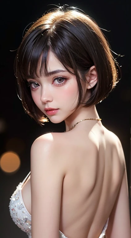 (UHD, Retina, masterpiece, precise, Anatomically correct, Textured Skin, Super Detail, High Detail, high quality, best quality, high resolution, 1080P, HD, 4K, 8K, 16K), (Beautiful and delicate eyes, Beautiful and delicate lips, Extremely detailed eyes and face), Studio Lighting, Physically Based Rendering, Bright colors, (Large Breasts, Attractive figure), (Backless dress), (portrait, Bob Cut, Shiny hair, Glowing skin, blush), (Bokeh), Eye Reflection,