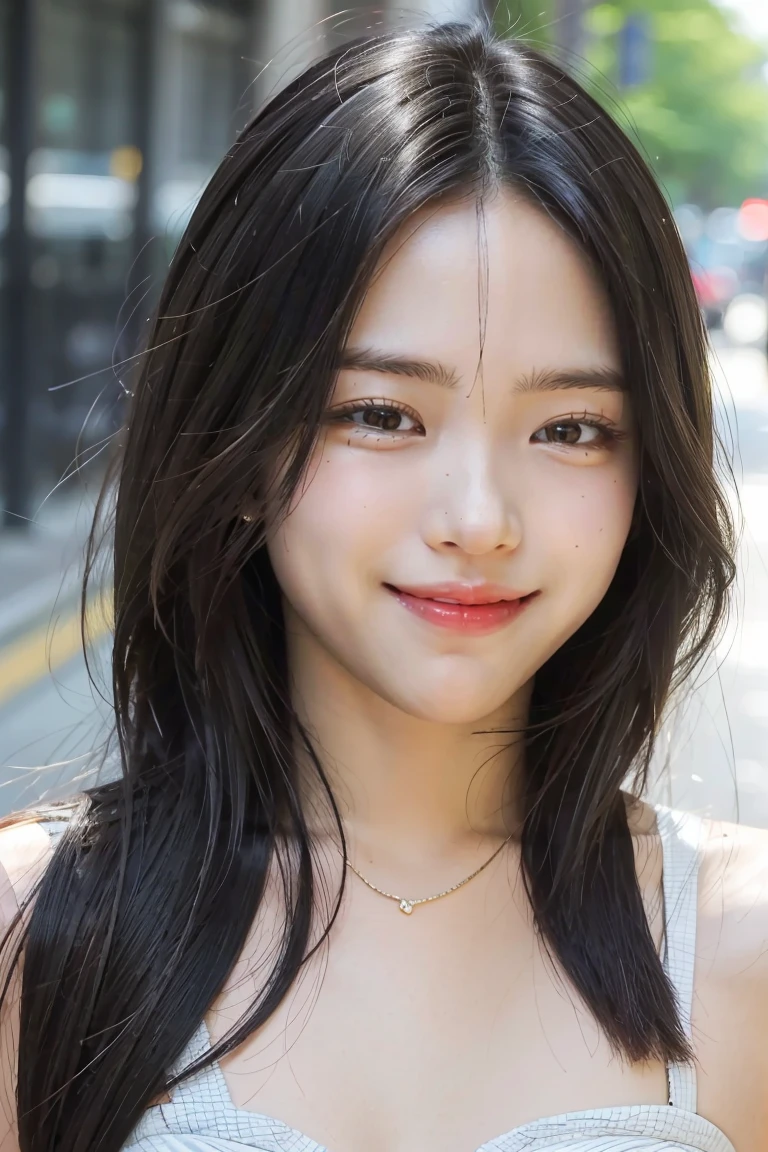 Picture, best quality, a woman in the city , photo of beautiful AHAcasual, smiling, looking at viewer, perfect face, perfect eyes, sharp focus, Intricate, High Detail, dramatic, photorealistic,
