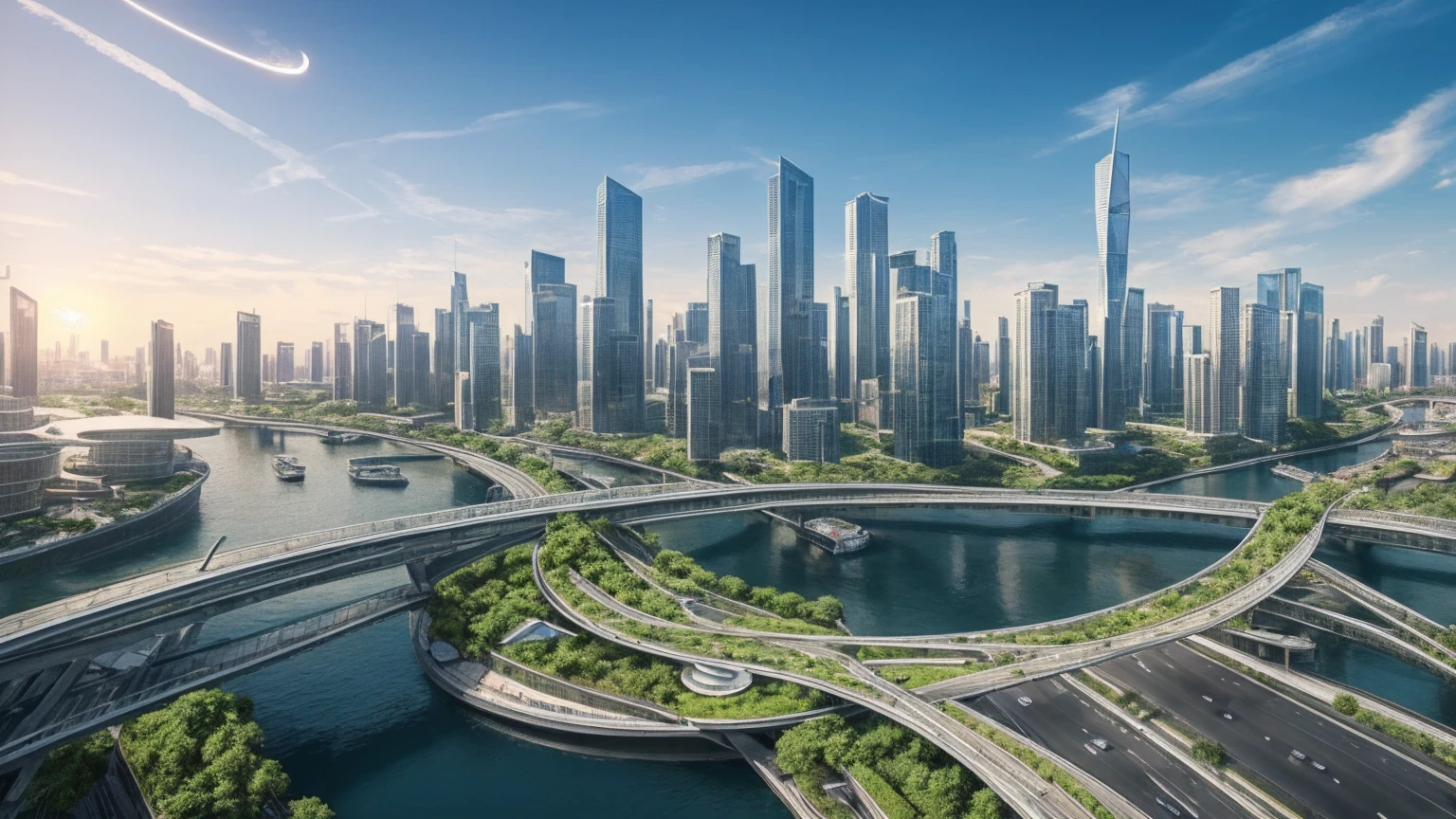 (Best quality,4K,8K,A high resolution,Masterpiece:1.2),Ultra-detailed,(Realistic,Photorealistic,photo-realistic:1.37),Futuristic floating city,Futuristic technology,Huge urban high-tech tablet platform,Airship,Floating in the sky,Futuristic city,Small airships around,High-tech hemispherical platform,Colorful lights,Advanced architecture,modernn architecture,skyscrapper,Access the cloud,Scenic beauty,view over city,Impressive design,Blend seamlessly with nature,energetic and vibrant atmosphere,Futuristic transportation system,Parking is suspended,Transparent path,Lush greenery,Sky gardens,cascading waterfalls,Magnificent skyline,reflections on the water,Sparkling river,Architectural innovation,futuristic skyscrapers,Transparent dome,The shape of the building is unusual,Elevated walkway,Impressive skyline,Glowing lights,Futuristic technology,Minimalist design,Scenic spots,Panoramic view,Cloud Piercing Tower,Vibrant colors,epic sunrise,epic sunset,Dazzling light display,magical ambiance,The future city,Urban Utopia,LuxuryLifestyle,Innovative energy,sustainable development,Smart city technology,Advanced infrastructure,Tranquil atmosphere,Nature and technology live in harmony,Awesome cityscape,Unprecedented urban planning,Architecture connects seamlessly with nature,High-tech metropolis,A cutting-edge engineering marvel,The future of urban living,Visionary architectural concept,Energy-efficient buildings,Harmony with the environment,A city floating above the clouds,Utopian dreams become reality,The possibilities are endless,State-of-the-art transportation network,Green energy integration,Innovative materials,Impressive holographic display,Advanced communication system,Breathtaking aerial view,Quiet and peaceful environment,Modernist aesthetics,Ethereal beauty