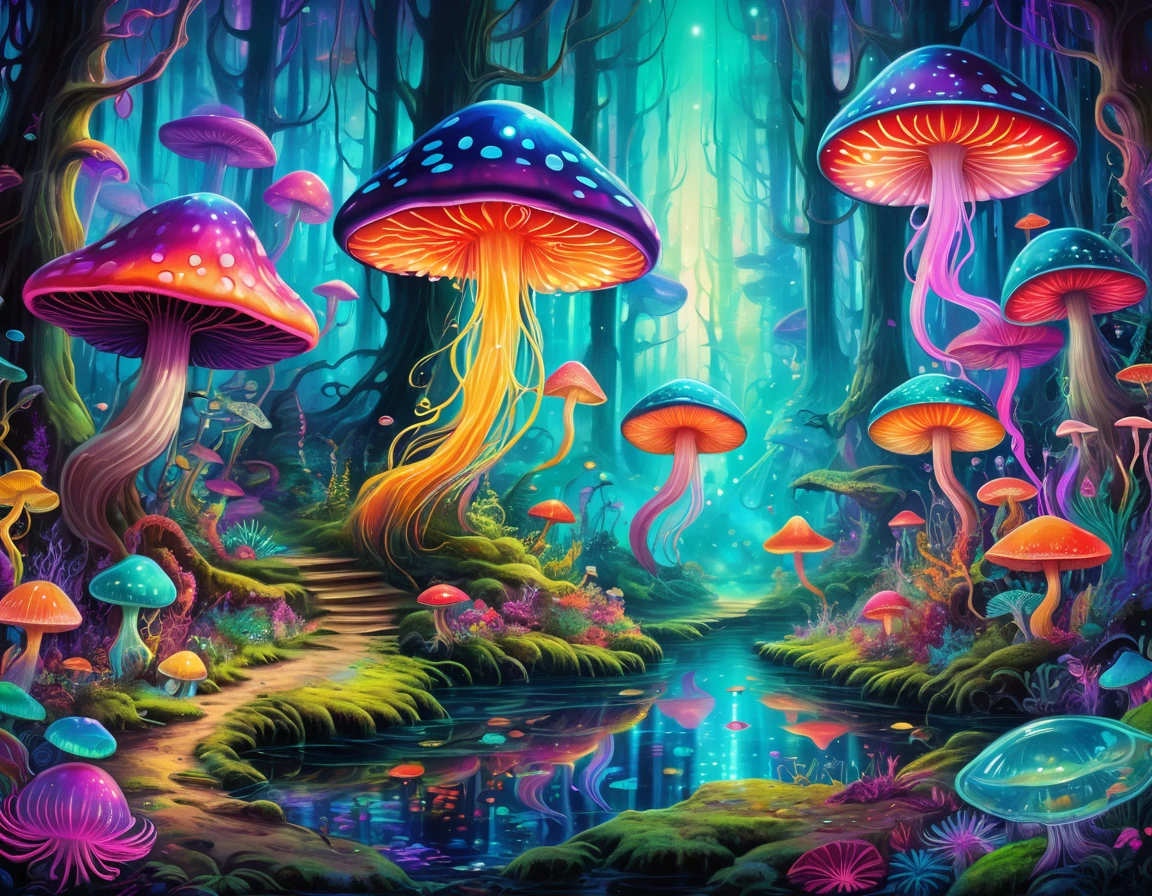 a painting of a forest with jellyfishs and other rich and colorful creatures, Psychedelic Forest, psychedelic landscape, Psychedelic bright colors, Wizarding World. rich and colorful, Magical colors and atmosphere, Psychedelic Art, Magical colors and atmosphere, cosmic and rich and colorful, Mystical Forest Lagoon, psychedelic aesthetic, Psychedelic Mushroom Dream, trippy colors, Alien paradise, There is a space after dmt