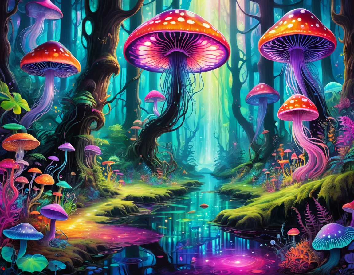 a painting of a forest with jellyfishs and other rich and colorful creatures, Psychedelic Forest, psychedelic landscape, Psychedelic bright colors, Wizarding World. rich and colorful, Magical colors and atmosphere, Psychedelic Art, Magical colors and atmosphere, cosmic and rich and colorful, Mystical Forest Lagoon, psychedelic aesthetic, Psychedelic Mushroom Dream, trippy colors, Alien paradise, There is a space after dmt