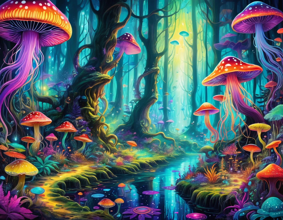 a painting of a forest with jellyfishs and other rich and colorful creatures, Psychedelic Forest, psychedelic landscape, Psychedelic bright colors, Wizarding World. rich and colorful, Magical colors and atmosphere, Psychedelic Art, Magical colors and atmosphere, cosmic and rich and colorful, Mystical Forest Lagoon, psychedelic aesthetic, Psychedelic Mushroom Dream, trippy colors, Alien paradise, There is a space after dmt