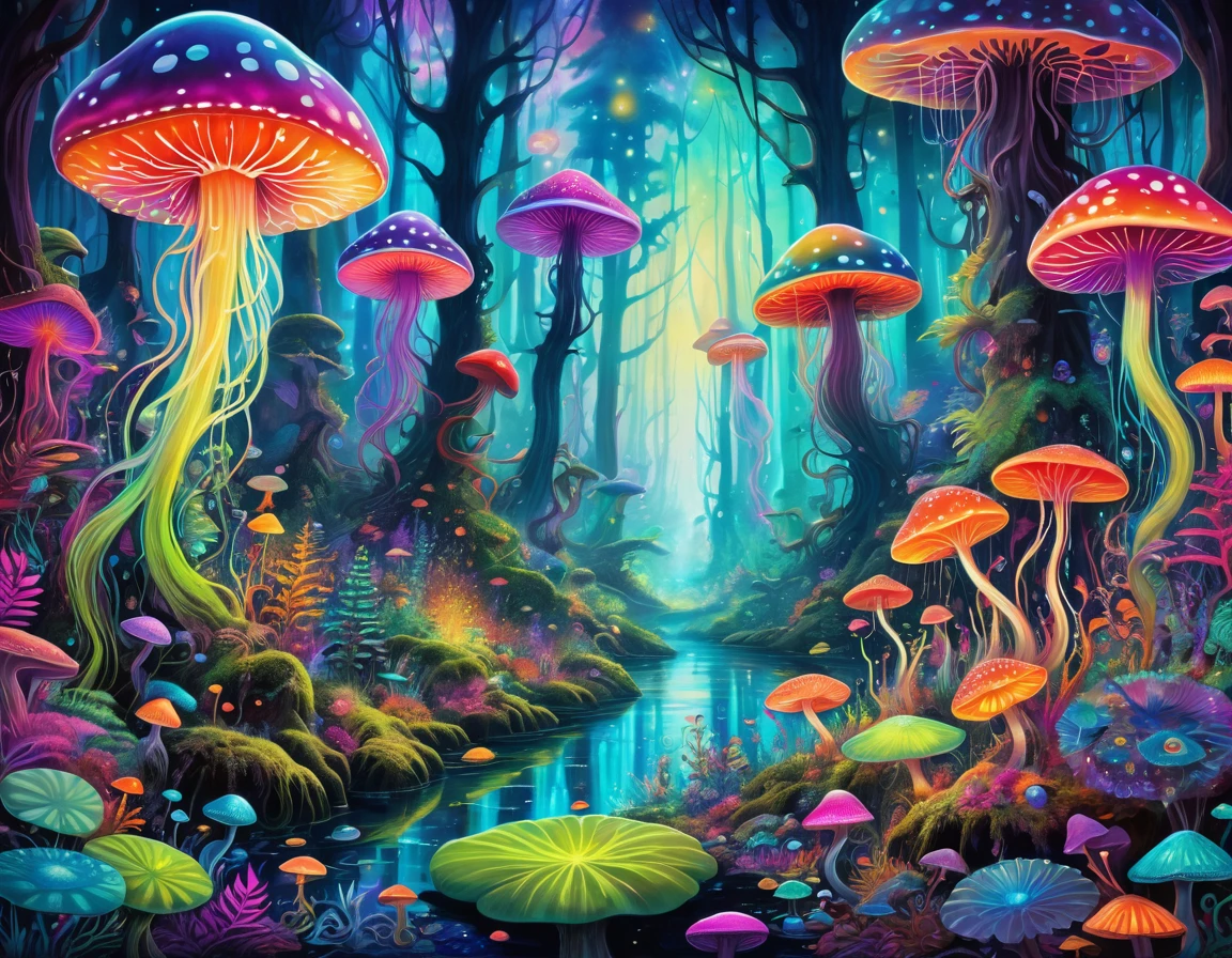 a painting of a forest with jellyfishs and other rich and colorful creatures, Psychedelic Forest, psychedelic landscape, Psychedelic bright colors, Wizarding World. rich and colorful, Magical colors and atmosphere, Psychedelic Art, Magical colors and atmosphere, cosmic and rich and colorful, Mystical Forest Lagoon, psychedelic aesthetic, Psychedelic Mushroom Dream, trippy colors, Alien paradise, There is a space after dmt