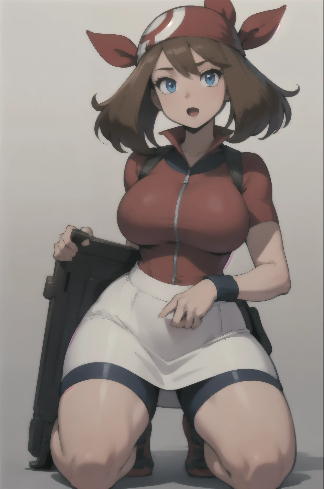 ((masterpiece, best quality)), absurdres, zzMay, perfect, solo, kneeling, on knees, brown hair, blue eyes, red shirt, short sleeves, white skirt, 1girl, :o, bandana, bike shorts, blue eyes, brown hair, looking at viewer, large breasts, wide hips, simple background, skin tight, solo, standing, thick thighs, thighs, white background, smile,