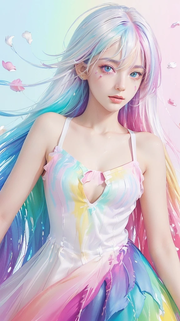 （Pink Fashion T-shirt：1.9），(Colorful hair: 1.8), (all the colours of the rainbow: 1.8),(((((vertical painting：1.6))), （painting：1.6），front, comics, illustrations, paintings, large eyes, crystal clear eyes,（ rainbow color gradient high ponytail：1.7）, exquisite makeup, closed mouth,(Small Fresh: 1.5),(Wipe Chest: 1.6) ，long eyelashes, white off shoulder T-shirt,  White Shoulder Shirt，looking at the audience, large watery eyes, (rainbow colored hair：1.6), color splash, （solo：1.8）, color splash, color explosion, thick paint style, messy lines, ((shining))，(colorful), (colorful), (colorful), colorful, Thick Paint Style, (Splash) (Color Splash), Vertical Painting, Upper Body, Paint Splash, Acrylic Pigment, Gradient, Paint, Highest Image Quality, Highest Quality, Masterpiece, Solo, Depth of Field, Face Paint,  colorful clothes, (Elegant: 1.2), gorgeous,long hair, wind, (Elegant: 1.3), (Petals: 1.4)，(((masterpiece))),(((best quality))),((ultra-detailed)),(illustration),(dynamic angle),((floating)),(paint),((disheveled hair)),(solo),(1girl) , (((detailed anima face))),((beautiful detailed face)),collar,bare shoulders,white hair, ((colorful hair)),((streaked hair)),beautiful detailed eyes,(Gradient color eyes),(((colorful eyes))),(((colorful background))),(((high saturation))),(((surrounded by colorful splashes))),all bodies, same colored back  grounds,sexy, Highly exposed, look directly at the viewer, cleavage emphasis