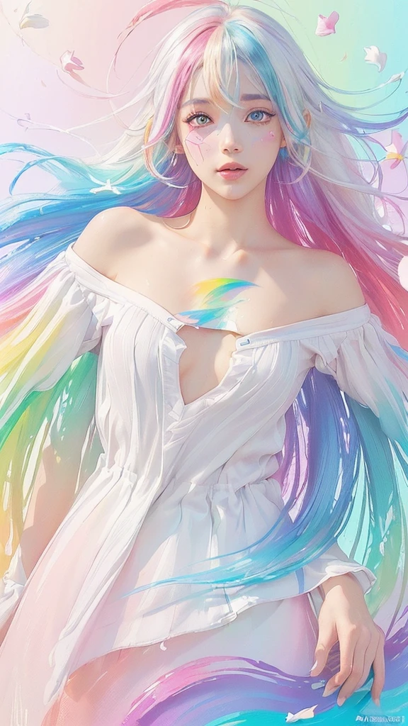 (Pink Fashion T-shirt:1.9),(Colorful hair: 1.8), (all the colours of the rainbow: 1.8),(((((vertical painting:1.6))), (painting:1.6),front, comics, illustrations, paintings, large eyes, crystal clear eyes,( rainbow color gradient high ponytail:1.7), exquisite makeup, closed mouth,(Small Fresh: 1.5),(Wipe Chest: 1.6) ,long eyelashes, white off shoulder T-shirt, White Shoulder Shirt,looking at the audience, large watery eyes, (rainbow colored hair:1.6), color splash, (solo:1.8), color splash, color explosion, thick paint style, messy lines, ((shining)),(colorful), (colorful), (colorful), colorful, Thick Paint Style, (Splash) (Color Splash), Vertical Painting, Upper Body, Paint Splash, Acrylic Pigment, Gradient, Paint, Highest Image Quality, Highest Quality, Masterpiece, Solo, Depth of Field, Face Paint, colorful clothes, (Elegant: 1.2), gorgeous,long hair, wind, (Elegant: 1.3), (Petals: 1.4),(((masterpiece))),(((best quality))),((ultra-detailed)),(illustration),(dynamic angle),((floating)),(paint),((disheveled hair)),(solo),(1girl) , (((detailed anima face))),((beautiful detailed face)),collar,bare shoulders,white hair, ((colorful hair)),((streaked hair)),beautiful detailed eyes,(Gradient color eyes),(((colorful eyes))),(((colorful background))),(((high saturation))),(((surrounded by colorful splashes))),all bodies, same colored back grounds,sexy, Highly exposed, look directly at the viewer, cleavage emphasis
