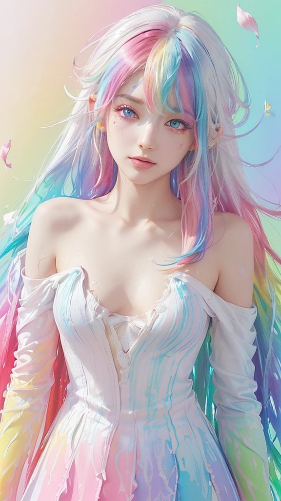(Pink Fashion T-shirt:1.9),(Colorful hair: 1.8), (all the colours of the rainbow: 1.8),(((((vertical painting:1.6))), (painting:1.6),front, comics, illustrations, paintings, large eyes, crystal clear eyes,( rainbow color gradient high ponytail:1.7), exquisite makeup, closed mouth,(Small Fresh: 1.5),(Wipe Chest: 1.6) ,long eyelashes, white off shoulder T-shirt, White Shoulder Shirt,looking at the audience, large watery eyes, (rainbow colored hair:1.6), color splash, (solo:1.8), color splash, color explosion, thick paint style, messy lines, ((shining)),(colorful), (colorful), (colorful), colorful, Thick Paint Style, (Splash) (Color Splash), Vertical Painting, Upper Body, Paint Splash, Acrylic Pigment, Gradient, Paint, Highest Image Quality, Highest Quality, Masterpiece, Solo, Depth of Field, Face Paint, colorful clothes, (Elegant: 1.2), gorgeous,long hair, wind, (Elegant: 1.3), (Petals: 1.4),(((masterpiece))),(((best quality))),((ultra-detailed)),(illustration),(dynamic angle),((floating)),(paint),((disheveled hair)),(solo),(1girl) , (((detailed anima face))),((beautiful detailed face)),collar,bare shoulders,white hair, ((colorful hair)),((streaked hair)),beautiful detailed eyes,(Gradient color eyes),(((colorful eyes))),(((colorful background))),(((high saturation))),(((surrounded by colorful splashes))),all bodies, same colored back grounds,sexy, Highly exposed, look directly at the viewer, cleavage emphasis