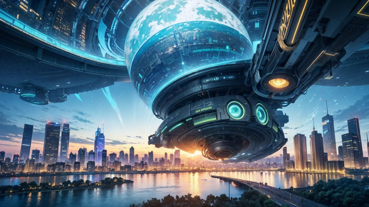 (Best quality,4K,8K,A high resolution,Masterpiece:1.2),Ultra-detailed,(Realistic,Photorealistic,photo-realistic:1.37),Futuristic floating city,Futuristic technology,Huge urban high-tech tablet platform,Airship,Floating in the sky,Futuristic city,Small airships around,High-tech hemispherical platform,Colorful lights,Advanced architecture,modernn architecture,skyscrapper,Access the cloud,Scenic beauty,view over city,Impressive design,Blend seamlessly with nature,energetic and vibrant atmosphere,Futuristic transportation system,Parking is suspended,Transparent path,Lush greenery,Sky gardens,cascading waterfalls,Magnificent skyline,reflections on the water,Sparkling river,Architectural innovation,futuristic skyscrapers,Transparent dome,The shape of the building is unusual,Elevated walkway,Impressive skyline,Glowing lights,Futuristic technology,Minimalist design,Scenic spots,Panoramic view,Cloud Piercing Tower,Vibrant colors,epic sunrise,epic sunset,Dazzling light display,magical ambiance,The future city,Urban Utopia,LuxuryLifestyle,Innovative energy,sustainable development,Smart city technology,Advanced infrastructure,Tranquil atmosphere,Nature and technology live in harmony,Awesome cityscape,Unprecedented urban planning,Architecture connects seamlessly with nature,High-tech metropolis,A cutting-edge engineering marvel,The future of urban living,Visionary architectural concept,Energy-efficient buildings,Harmony with the environment,A city floating above the clouds,Utopian dreams become reality,The possibilities are endless,State-of-the-art transportation network,Green energy integration,Innovative materials,Impressive holographic display,Advanced communication system,Breathtaking aerial view,Quiet and peaceful environment,Modernist aesthetics,Ethereal beauty