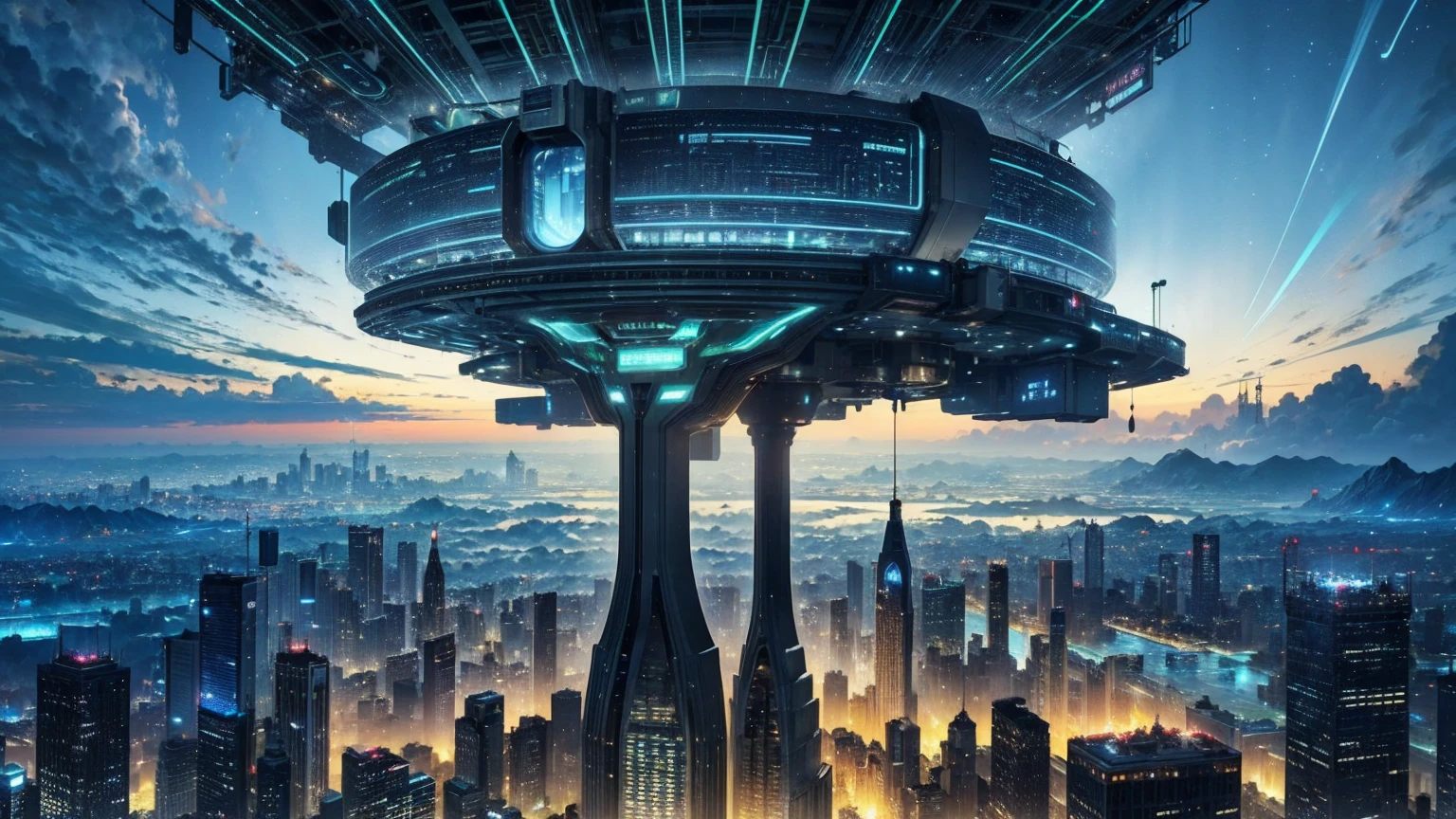 (Best quality,4K,8K,A high resolution,Masterpiece:1.2),Ultra-detailed,(Realistic,Photorealistic,photo-realistic:1.37),Futuristic floating city,Futuristic technology,Huge urban high-tech tablet platform,Airship,Floating in the sky,Futuristic city,Small airships around,High-tech hemispherical platform,Colorful lights,Advanced architecture,modernn architecture,skyscrapper,Access the cloud,Scenic beauty,view over city,Impressive design,Blend seamlessly with nature,energetic and vibrant atmosphere,Futuristic transportation system,Parking is suspended,Transparent path,Lush greenery,Sky gardens,cascading waterfalls,Magnificent skyline,reflections on the water,Sparkling river,Architectural innovation,futuristic skyscrapers,Transparent dome,The shape of the building is unusual,Elevated walkway,Impressive skyline,Glowing lights,Futuristic technology,Minimalist design,Scenic spots,Panoramic view,Cloud Piercing Tower,Vibrant colors,epic sunrise,epic sunset,Dazzling light display,magical ambiance,The future city,Urban Utopia,LuxuryLifestyle,Innovative energy,sustainable development,Smart city technology,Advanced infrastructure,Tranquil atmosphere,Nature and technology live in harmony,Awesome cityscape,Unprecedented urban planning,Architecture connects seamlessly with nature,High-tech metropolis,A cutting-edge engineering marvel,The future of urban living,Visionary architectural concept,Energy-efficient buildings,Harmony with the environment,A city floating above the clouds,Utopian dreams become reality,The possibilities are endless,State-of-the-art transportation network,Green energy integration,Innovative materials,Impressive holographic display,Advanced communication system,Breathtaking aerial view,Quiet and peaceful environment,Modernist aesthetics,Ethereal beauty