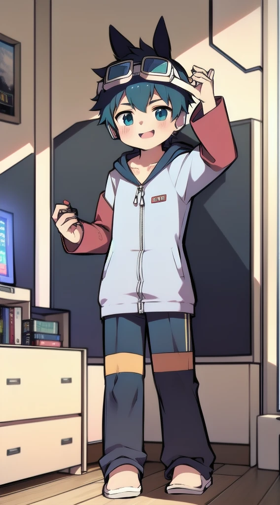 2D Shonen Shota,One-piece mountaineering suit,Put the headphones on your head,permanent,goggles,trumpet,Cow ears,sports shoes,classroom,Zip down your garment,enjoy