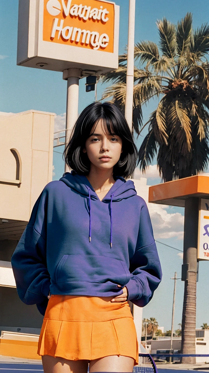 portrait of a 23 yo girl, (perfect natural breast) ,wear (((color orange oversized hoodie))), wear ((purple tennis skirt)),looking front,Best Quality,Masterpiece,Ultra High Resolution,(Realisticity:1.4),Original Photo, 1Girl, light leak,ultra high resolution,UHD,beautiful, (black bob hair), almond eye, no makeup, in front of ((80's gas station)), (realistic:1.2), (surreal:1.3), (very detailed:1.1), ((masterpiece)),summer, blue sky, palm trees,sunny, los angles vibes,film camera, 800mm lens,style of Philip Lorca diCorcia