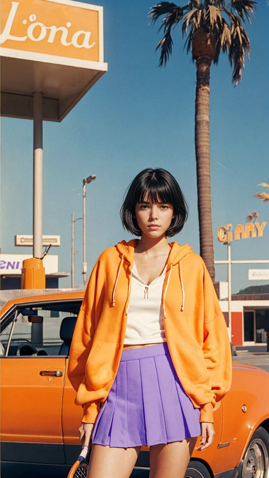 portrait of a 23 yo girl, (perfect natural breast) ,wear (((color orange oversized hoodie))), wear ((purple tennis skirt)),looking front,Best Quality,Masterpiece,Ultra High Resolution,(Realisticity:1.4),Original Photo, 1Girl, light leak,ultra high resolution,UHD,beautiful, (black bob hair), almond eye, no makeup, in front of ((80's gas station)), (realistic:1.2), (surreal:1.3), (very detailed:1.1), ((masterpiece)),summer, blue sky, palm trees,sunny, los angles vibes,film camera, 800mm lens,style of Philip Lorca diCorcia