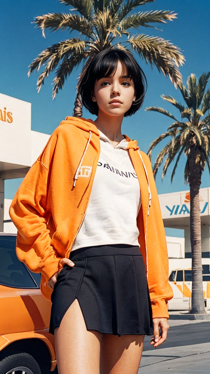 portrait of a 23 yo girl, (perfect natural breast) ,wear (((color orange oversized hoodie))), wear ((purple tennis skirt)),looking front,Best Quality,Masterpiece,Ultra High Resolution,(Realisticity:1.4),Original Photo, 1Girl, light leak,ultra high resolution,UHD,beautiful, (black bob hair), almond eye, no makeup, in front of ((80's gas station)), (realistic:1.2), (surreal:1.3), (very detailed:1.1), ((masterpiece)),summer, blue sky, palm trees,sunny, los angles vibes,film camera, 800mm lens,style of Philip Lorca diCorcia