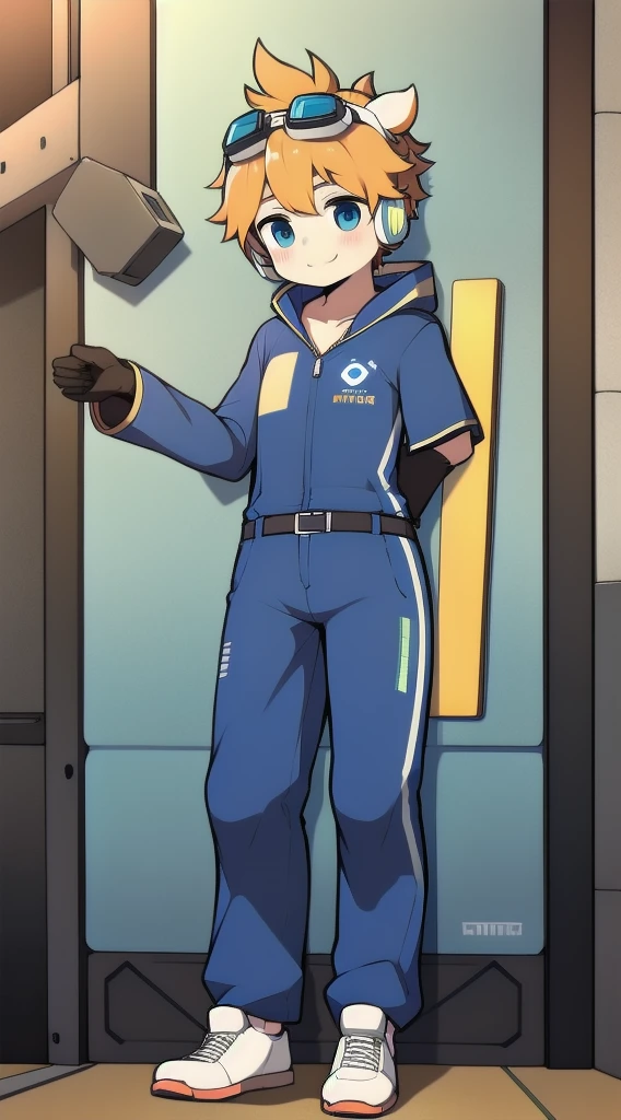Two-dimensional boy,One-piece mountaineering suit,trumpet,Cow ears,Put the headphones on your head,stand up,goggles,sports shoes,Slim,Smile