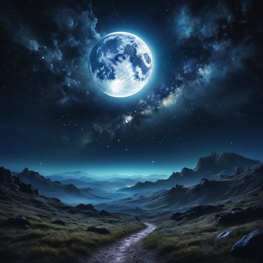 detailed fantasy night sky, full moon, Milky Way, dramatic lighting, Shining stars, cinematographic composition, ethereal mood, atmospheric, mystic, from another world, 8k, high resolution, detailed, photorealistic, dramatic lighting, fantasy art, conceptual art, dramatic lighting, vibrant colors, deep shadows, moody, magical