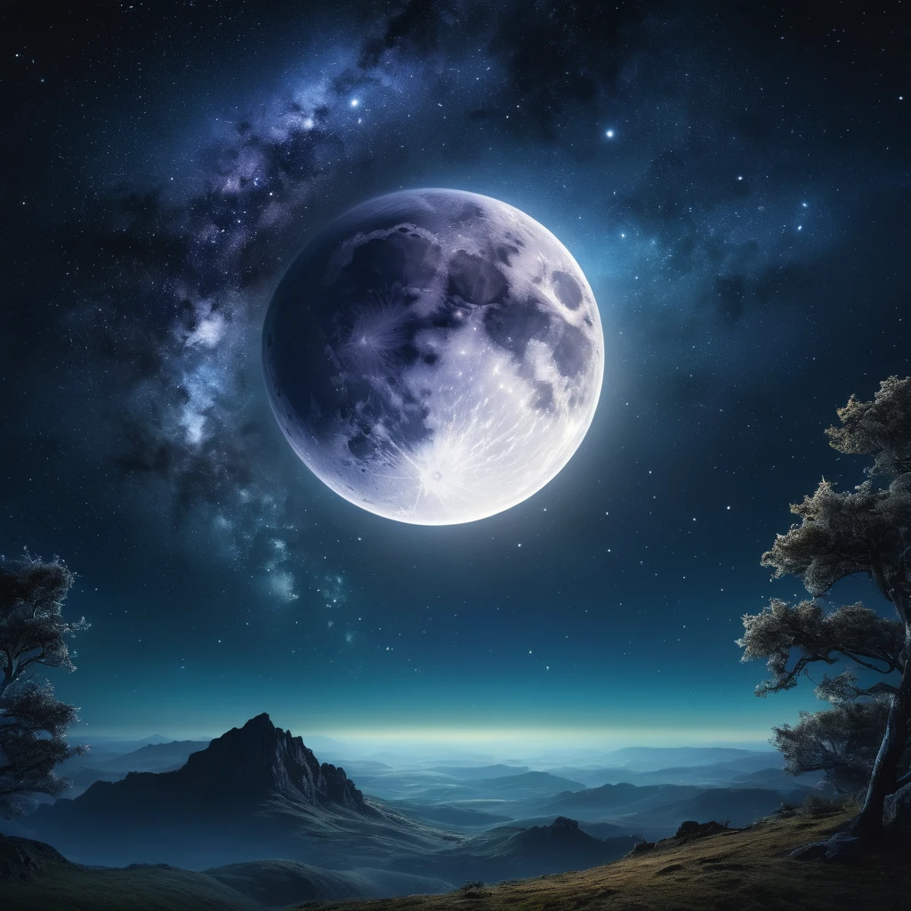 detailed fantasy night sky, full moon, Milky Way, dramatic lighting, Shining stars, cinematographic composition, ethereal mood, atmospheric, mystic, from another world, 8k, high resolution, detailed, photorealistic, dramatic lighting, fantasy art, conceptual art, dramatic lighting, vibrant colors, deep shadows, moody, magical