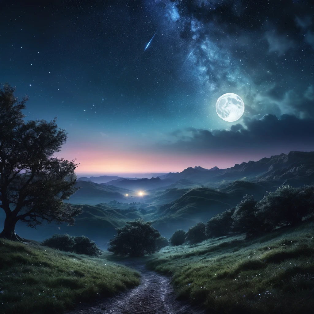 detailed fantasy night sky, full moon, Milky Way, dramatic lighting, Shining stars, cinematographic composition, ethereal mood, atmospheric, mystic, from another world, 8k, high resolution, detailed, photorealistic, dramatic lighting, fantasy art, conceptual art, dramatic lighting, vibrant colors, deep shadows, moody, magical