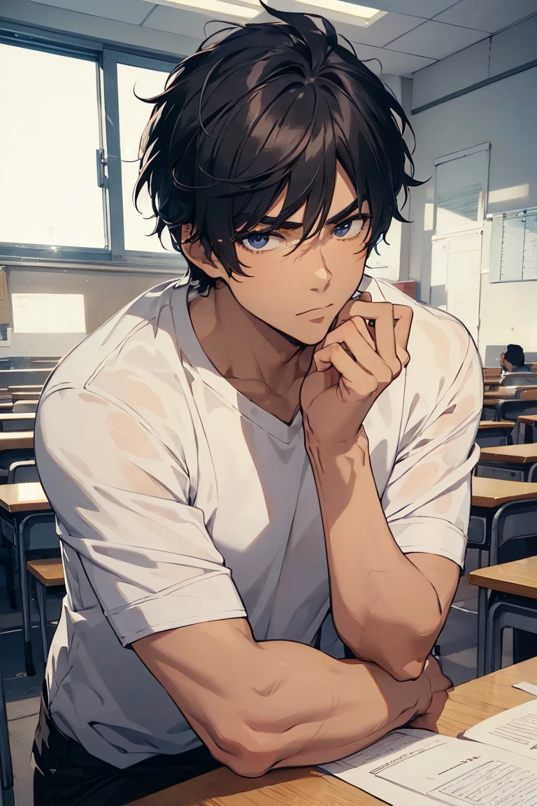 ((1 man)), ((male focus)), 1 good looking guy,black ,posing,upper body,cool,thick eyebrows,cool face,short hair,black hair,indoors,classroom,illustration style,anime style,masterpiece, extremely fine and beautiful,masterpiece